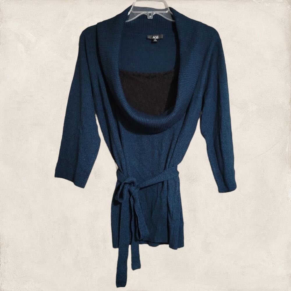 Y2K AGB Cowl Neck Floral Lace Inset Sweater with a Waist Belt Size X-Large
